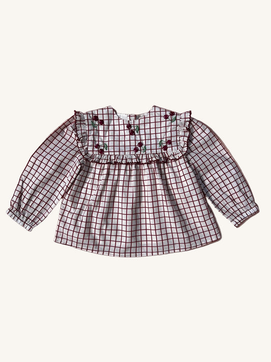 girls organic cotton puff sleeve embroidered cherry blouse for special occasions and birthdays