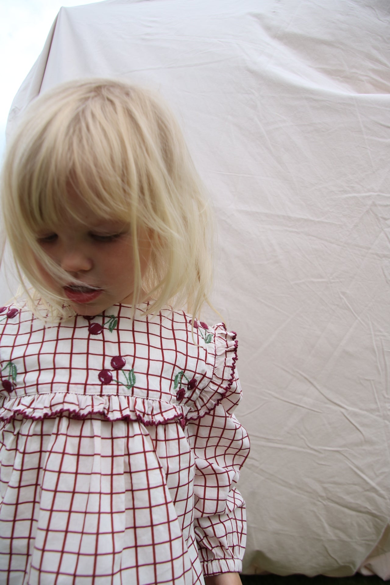 organic cotton girls frilly blouse with embroidered cherrys