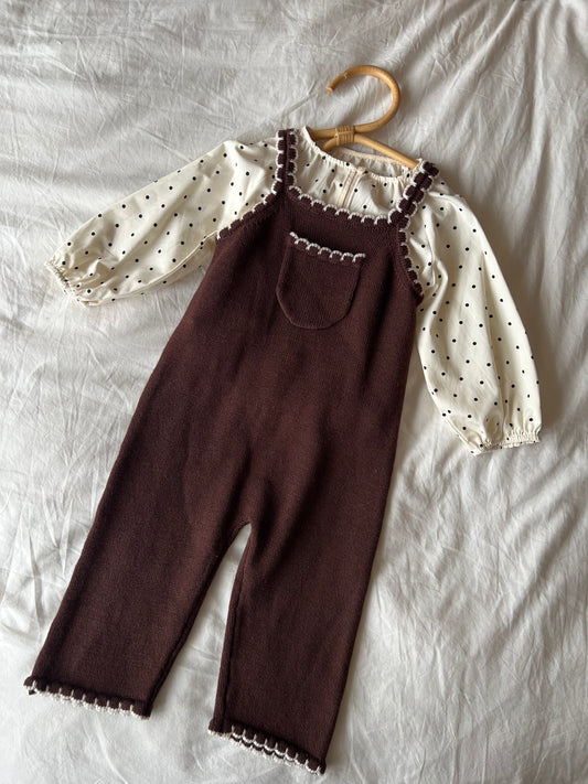 Children’s brown merino wool dungarees with scallop 