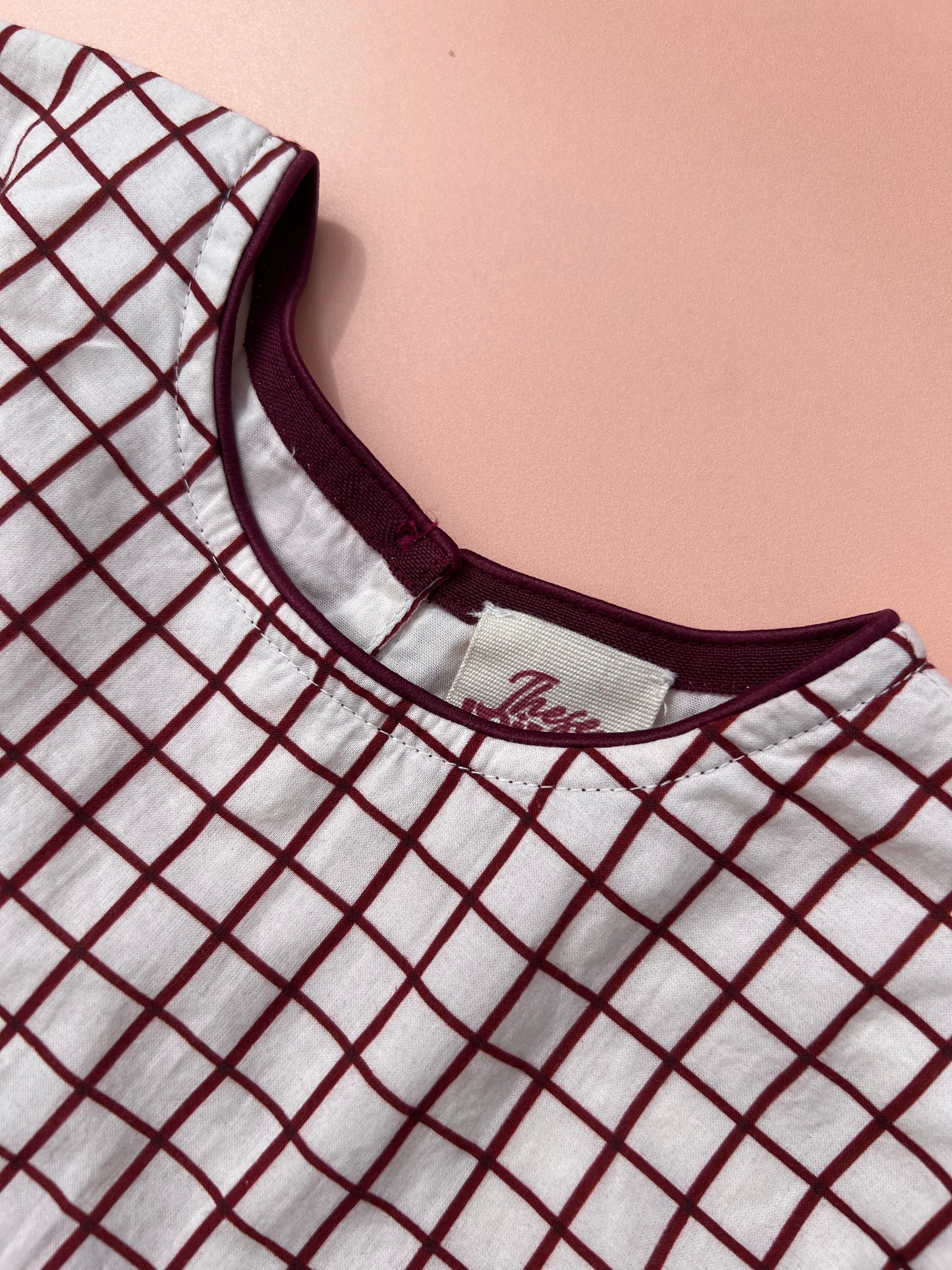Girls organic cotton check dress with scallop sleeves and embroidered Cherrys