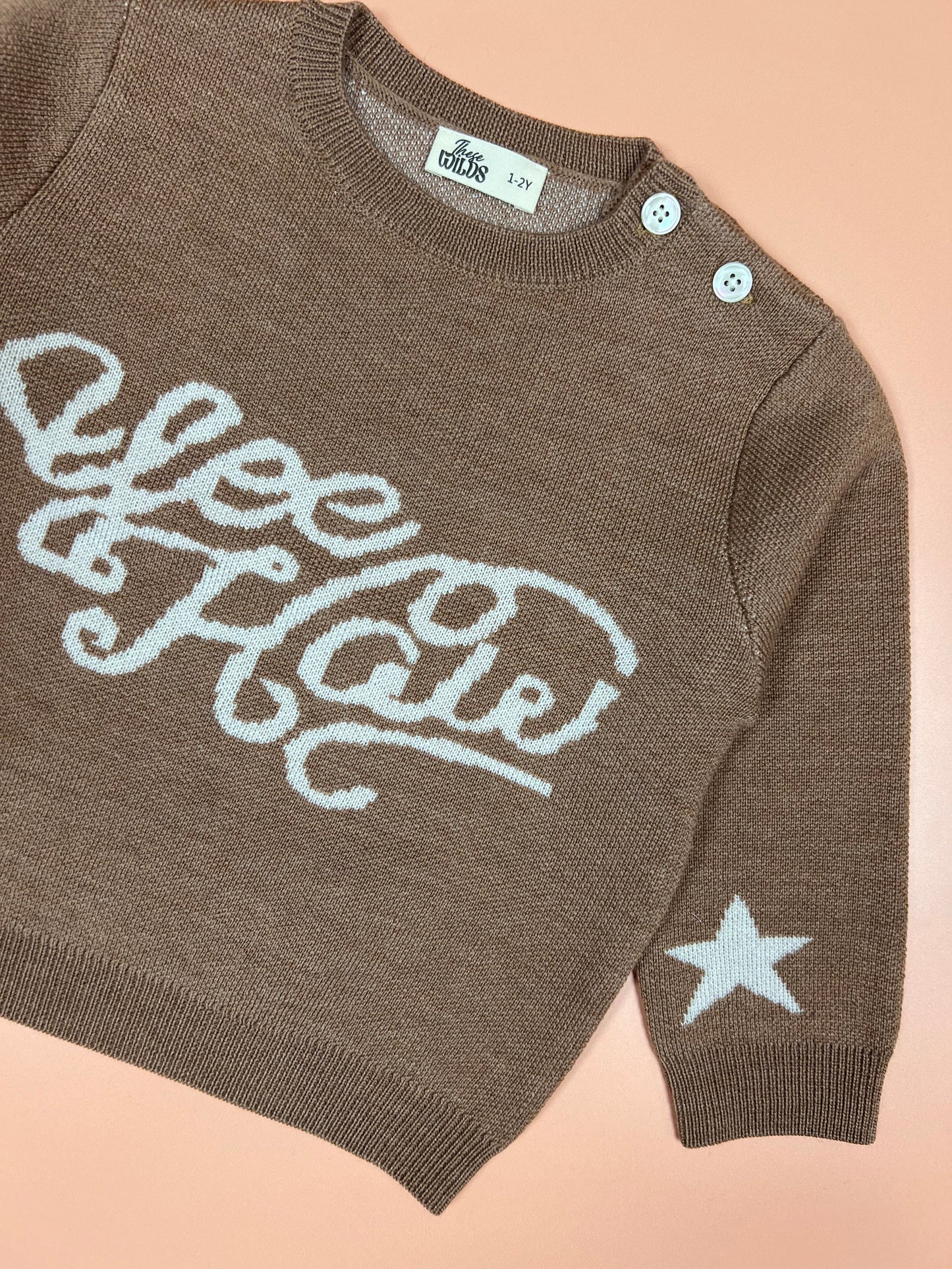 Kids’ brown knitted merino wool sweater with cowboy yeehaw print.