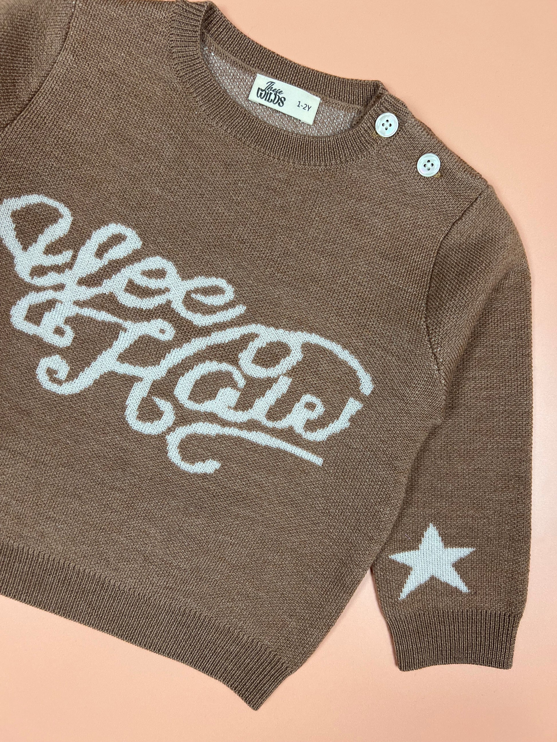 Kids’ brown knitted merino wool sweater with cowboy yeehaw print.