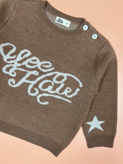 Kids’ brown knitted merino wool sweater with cowboy yeehaw print.