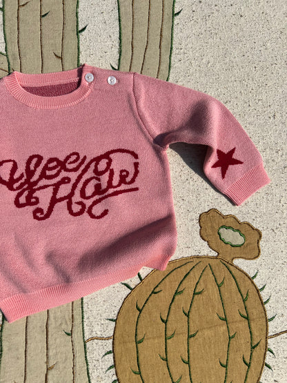 kids pink jumper with red yeehaw text and star design western