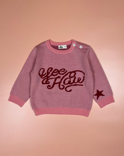 Warm pink merino wool jumper for kids with fun yeehaw design