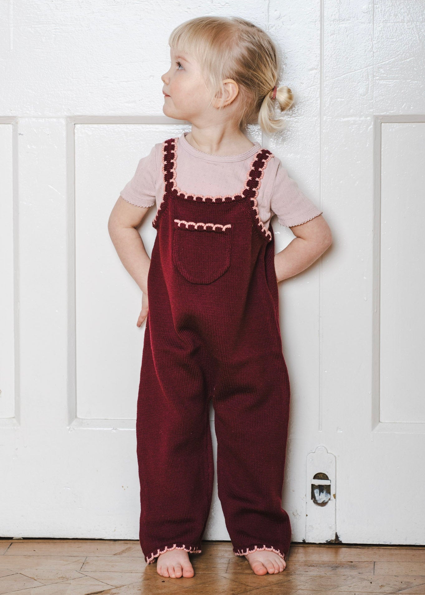 kids spring pink dungarees with scallop 