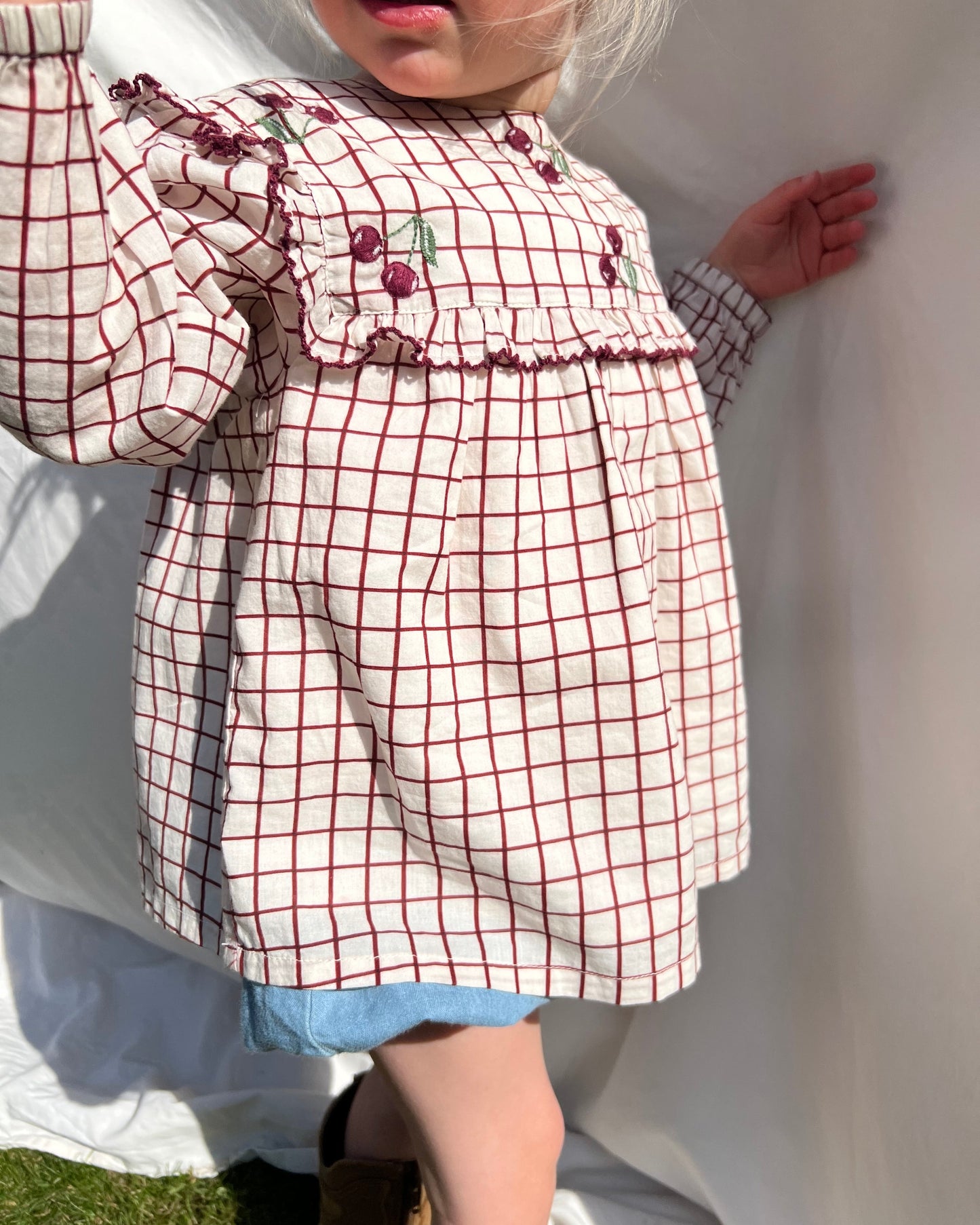 kids organic cotton checked blouse with cherry embroidery and frills