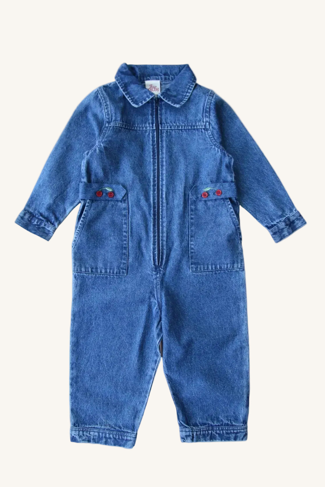 girls organic cotton denim zip up jumpsuit vintage inspired timeless cherry pocket