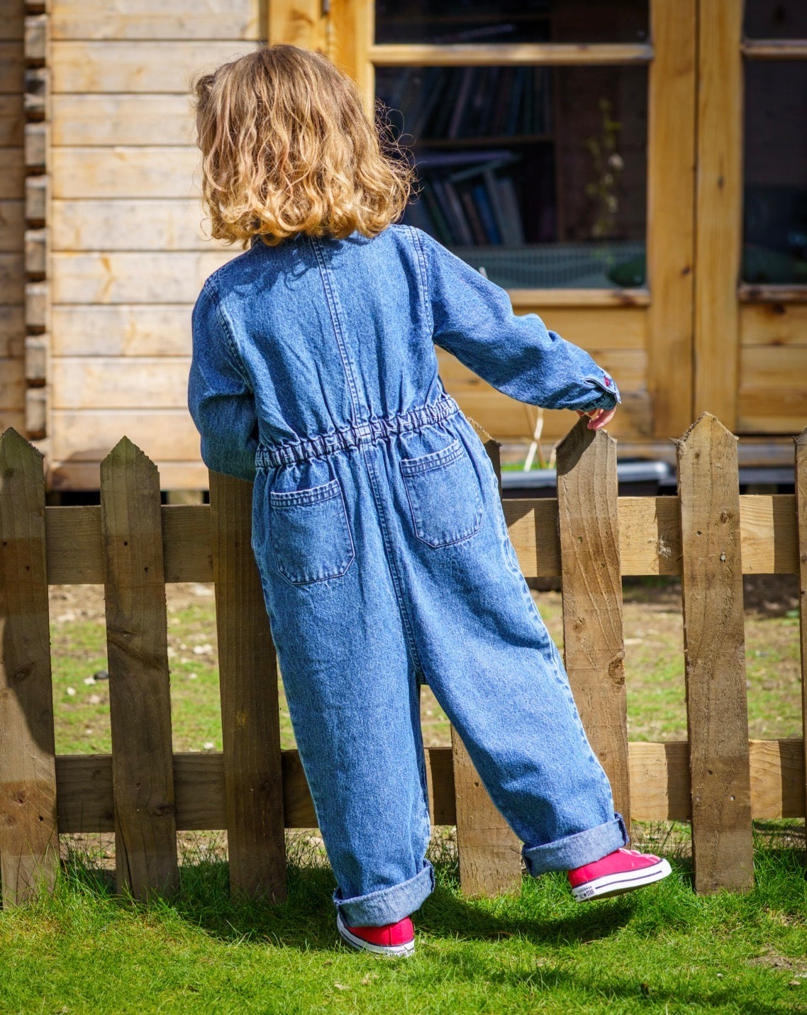 girls organic cotton vintage denim jumpsuit with cherry tab embroidery 