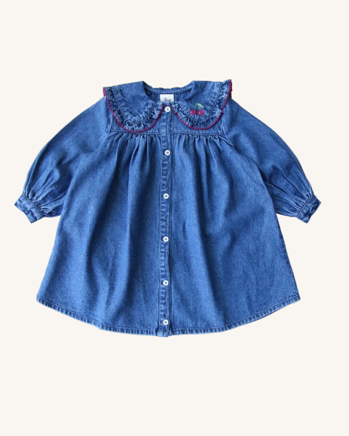 girls organic cotton denim sailor dress with ruffle peter pan collar making it vintage inspired