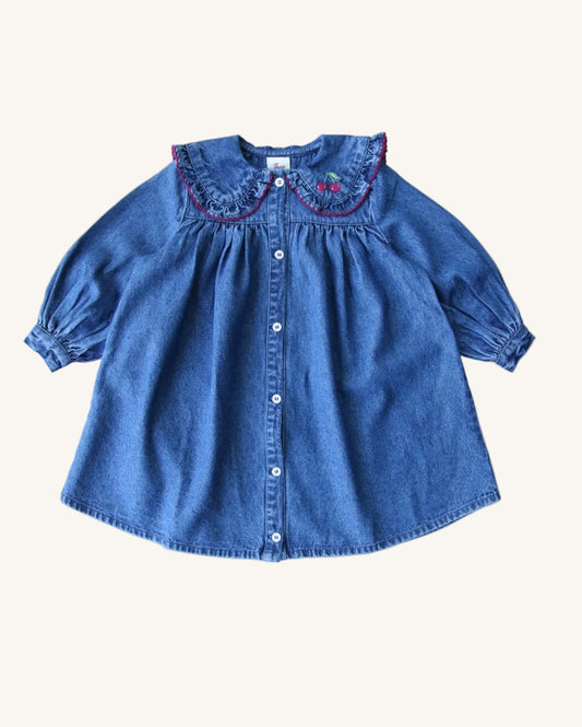 girls organic cotton denim sailor dress with ruffle peter pan collar making it vintage inspired
