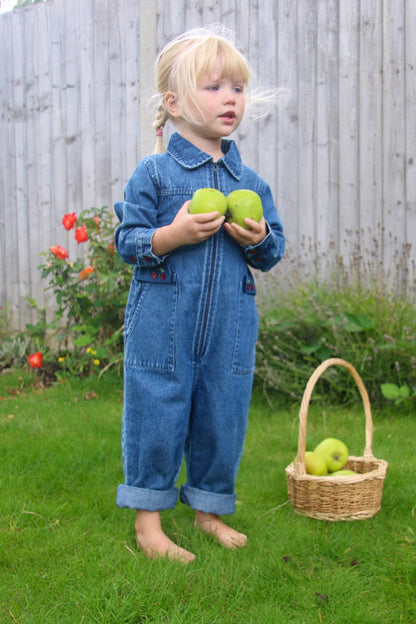 girls organic cotton denim vintage inspired zip up jumpsuit with embroidered cherry pocket tabs 