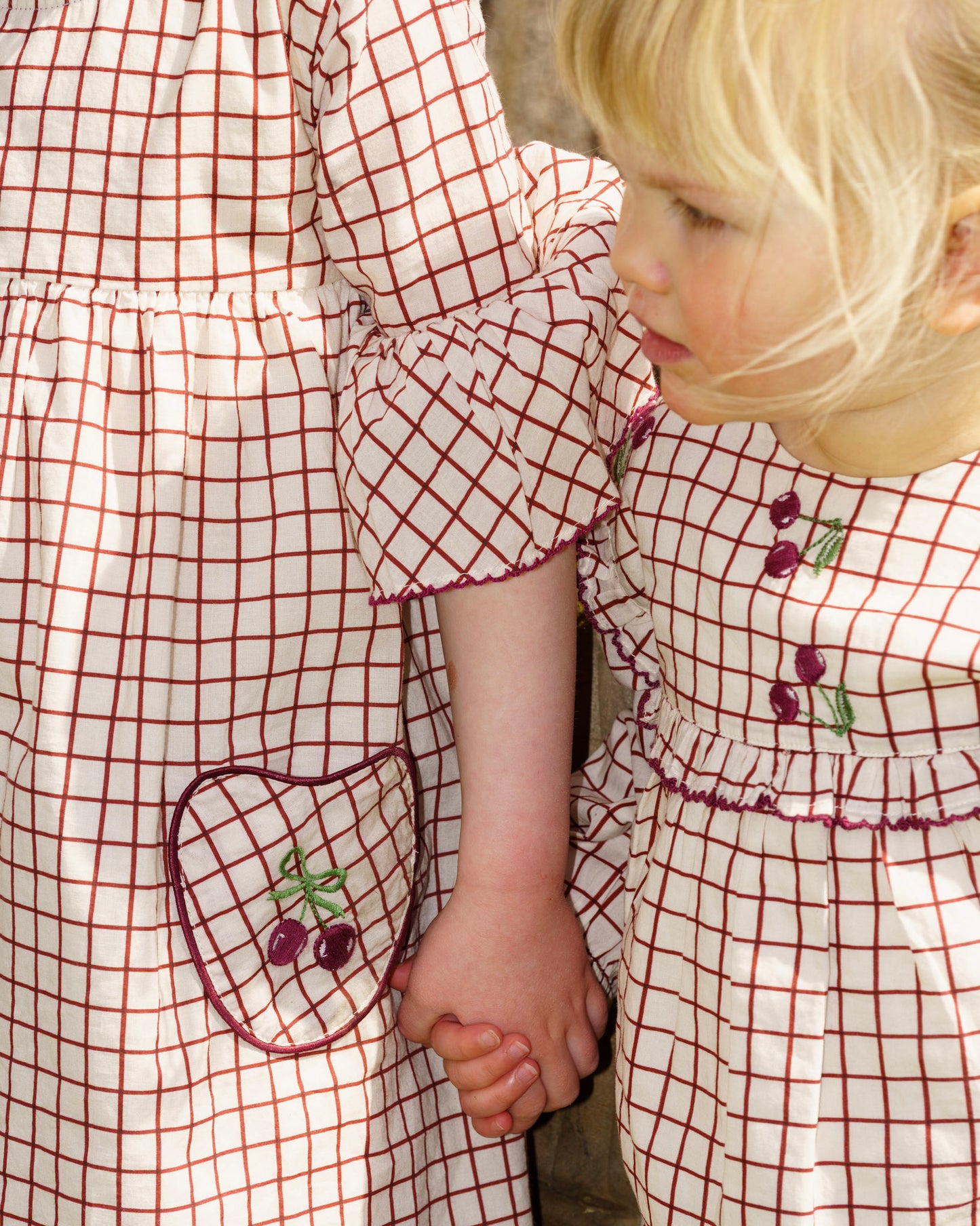 Girls childrens organic cotton dress with cherry pockets and embroidery 