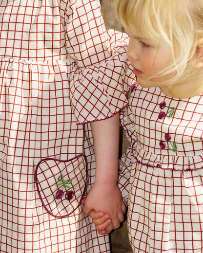 Girls childrens organic cotton dress with cherry pockets and embroidery 