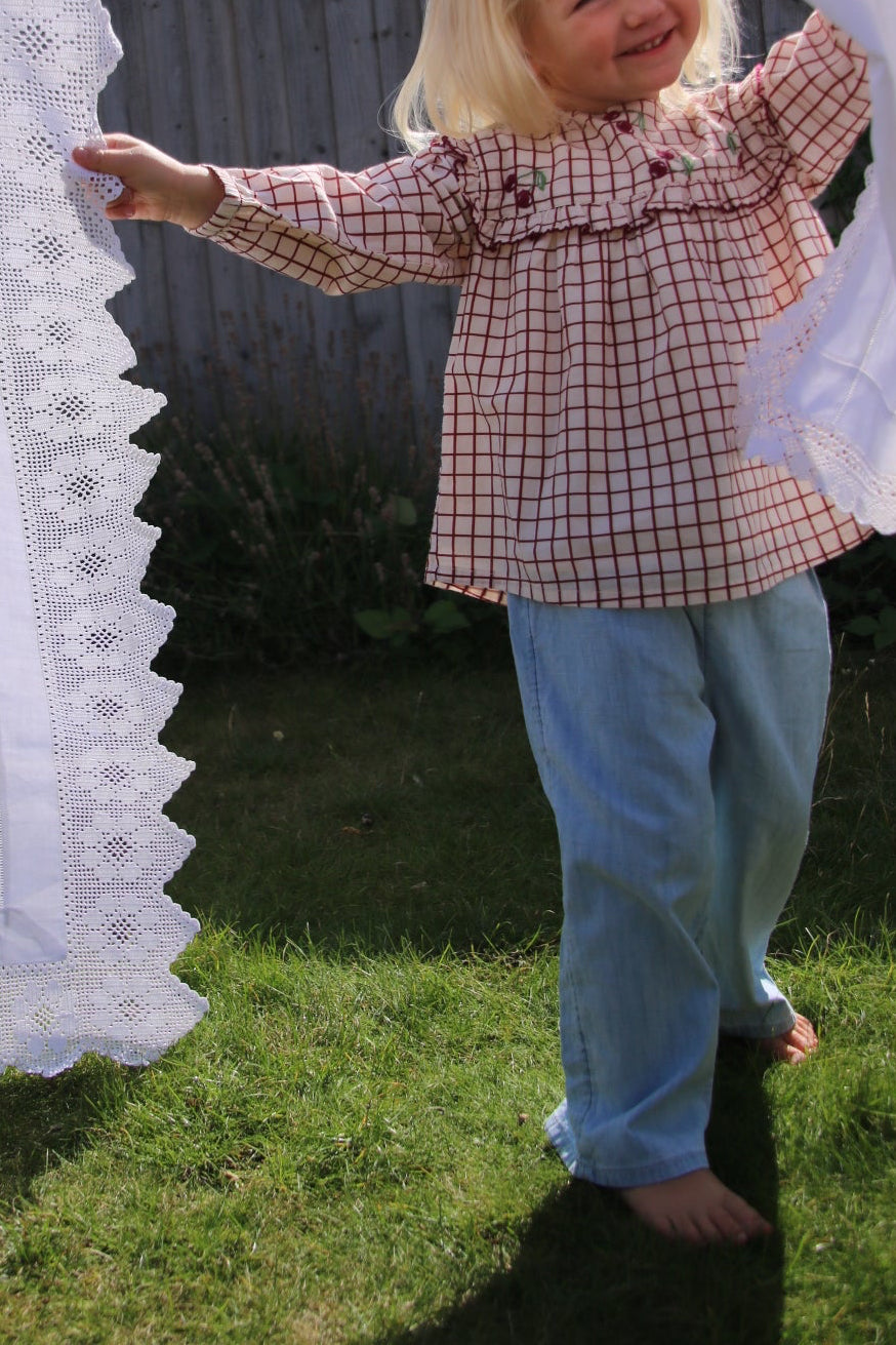 girls organic cotton puff sleeve cherry blouse vintage frilly