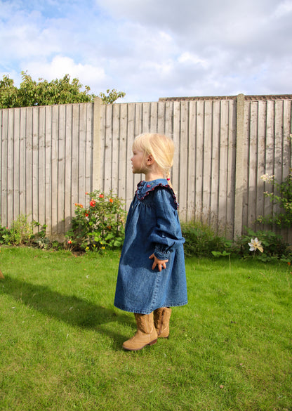 girls organic cotton vintage inspired childrens clothing denim frill collar sailor dress 