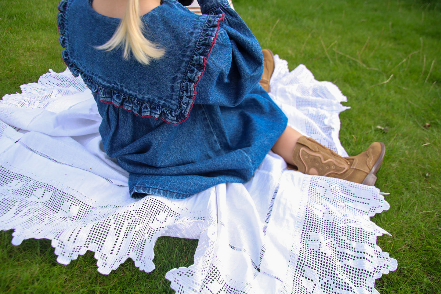 girls organic cotton denim vintage inspired denim sailor dress with frill collar and cowgirl boots