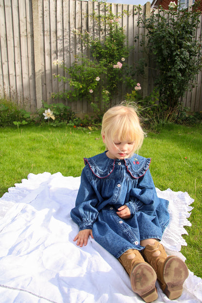 girls organic vintage inspired childrens clothing denim cotton frill collar sailor dress retro wash styled for toddler girls