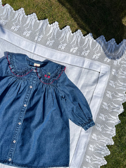 girls organic denim dress with frilly collar and cherry embroidery vintage inspired sailor dress  designed for girls aged 1-5 years.