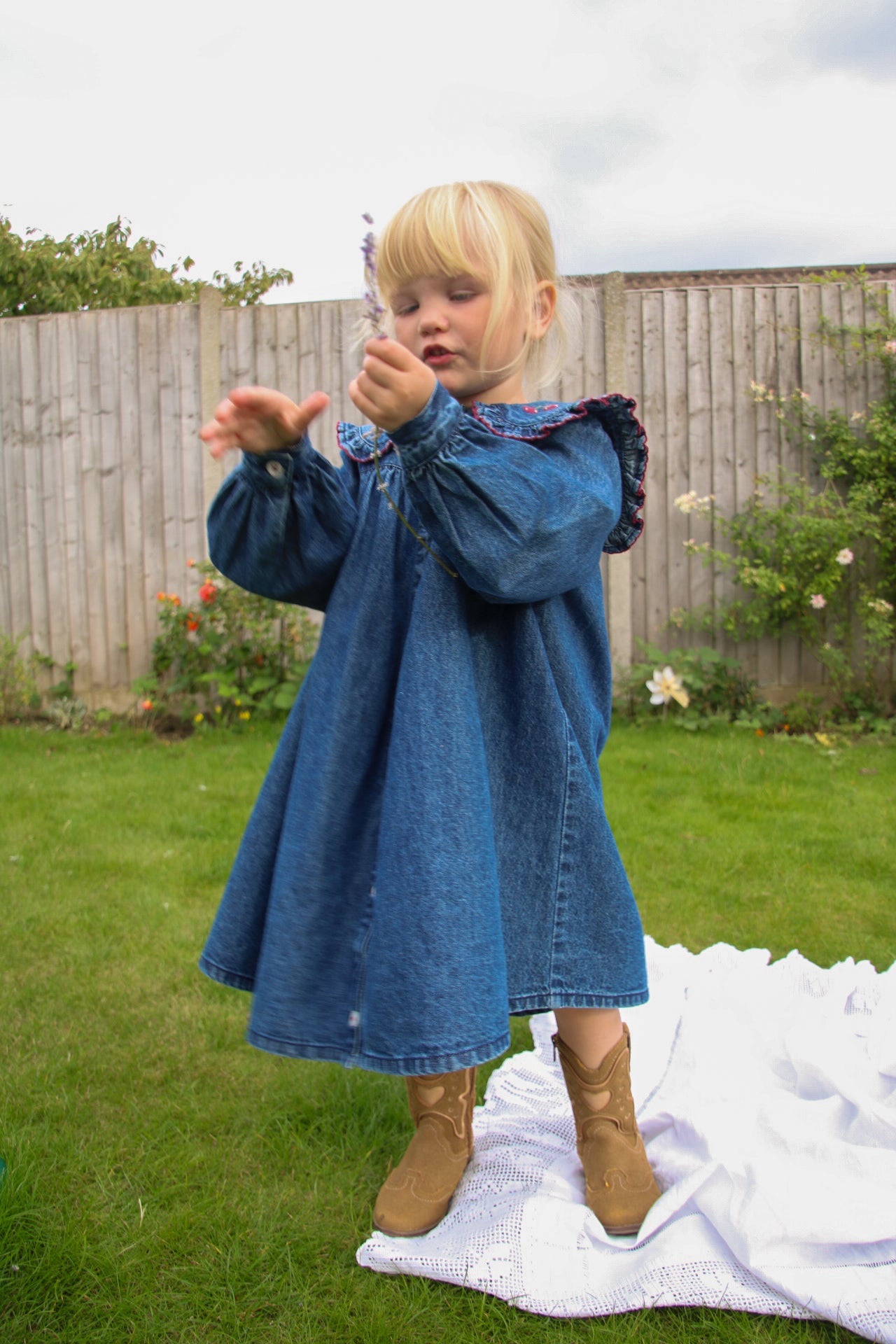 girls timeless vintage inspired organic cotton denim frill collar sailor dress with cowgirl boots