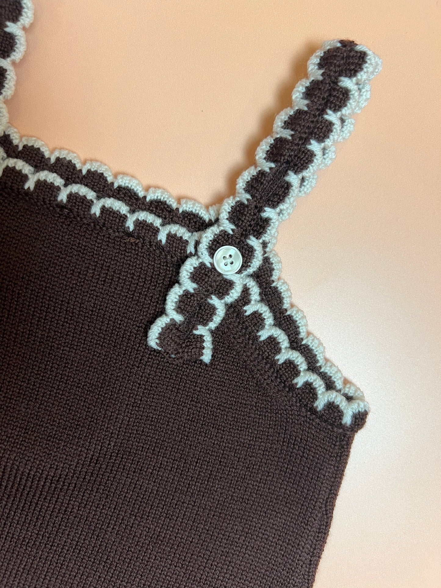 Soft brown merino wool dungarees for children with white scallop design and adjustable fit