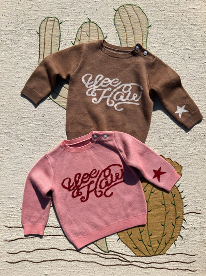 kids Brown and pink western knitted jumper with yeehaw and star western
