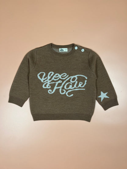 Childrens Brown knitted merino wool jumper with western yeehaw and star design