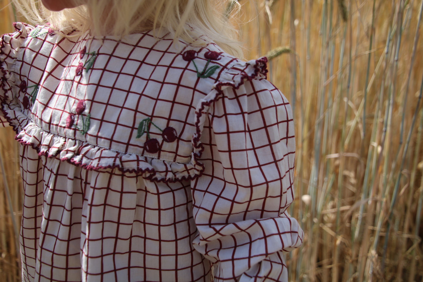 girls organic cotton cherry blouse with picot detail and embroidery  