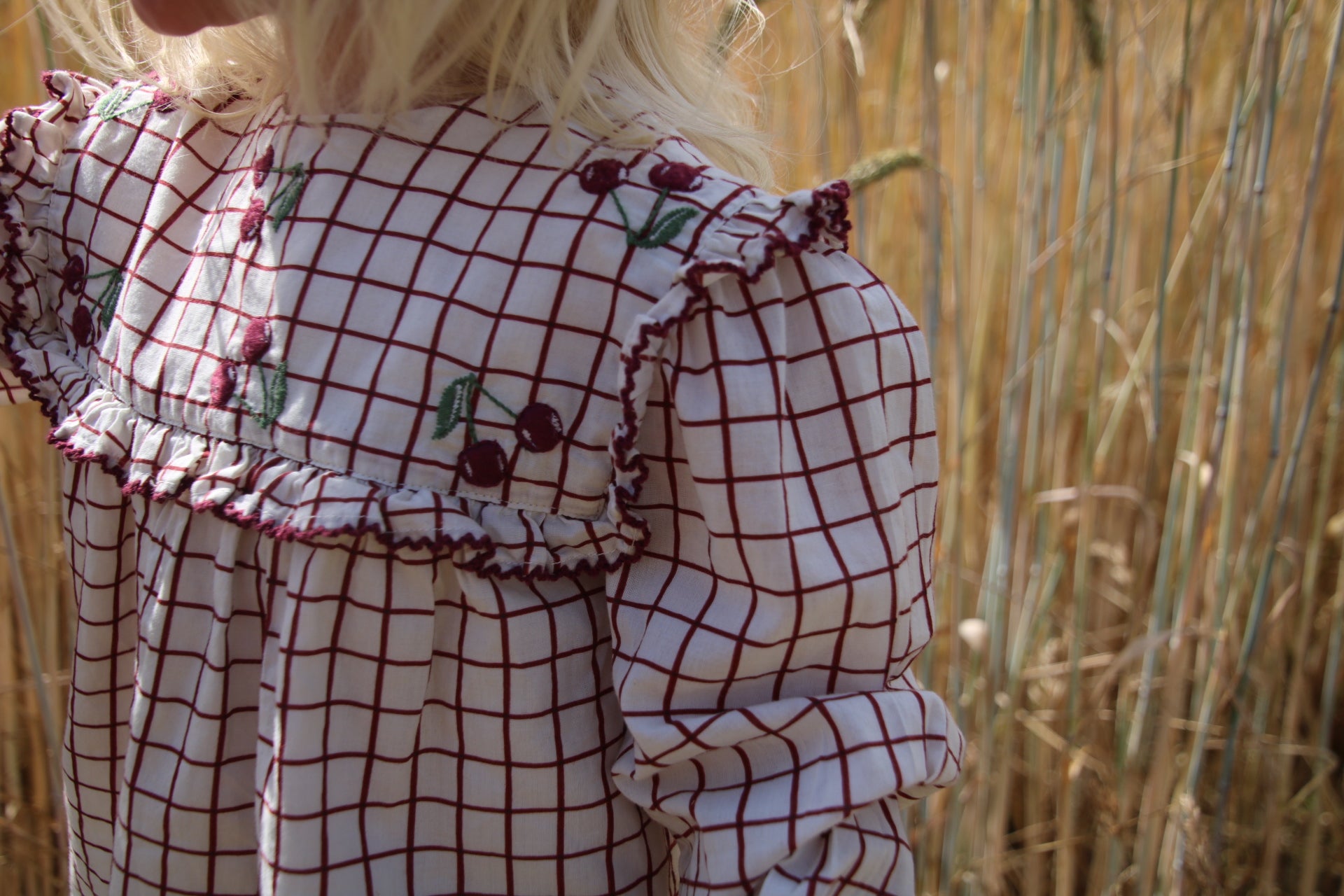 girls organic cotton cherry blouse with picot detail and embroidery  