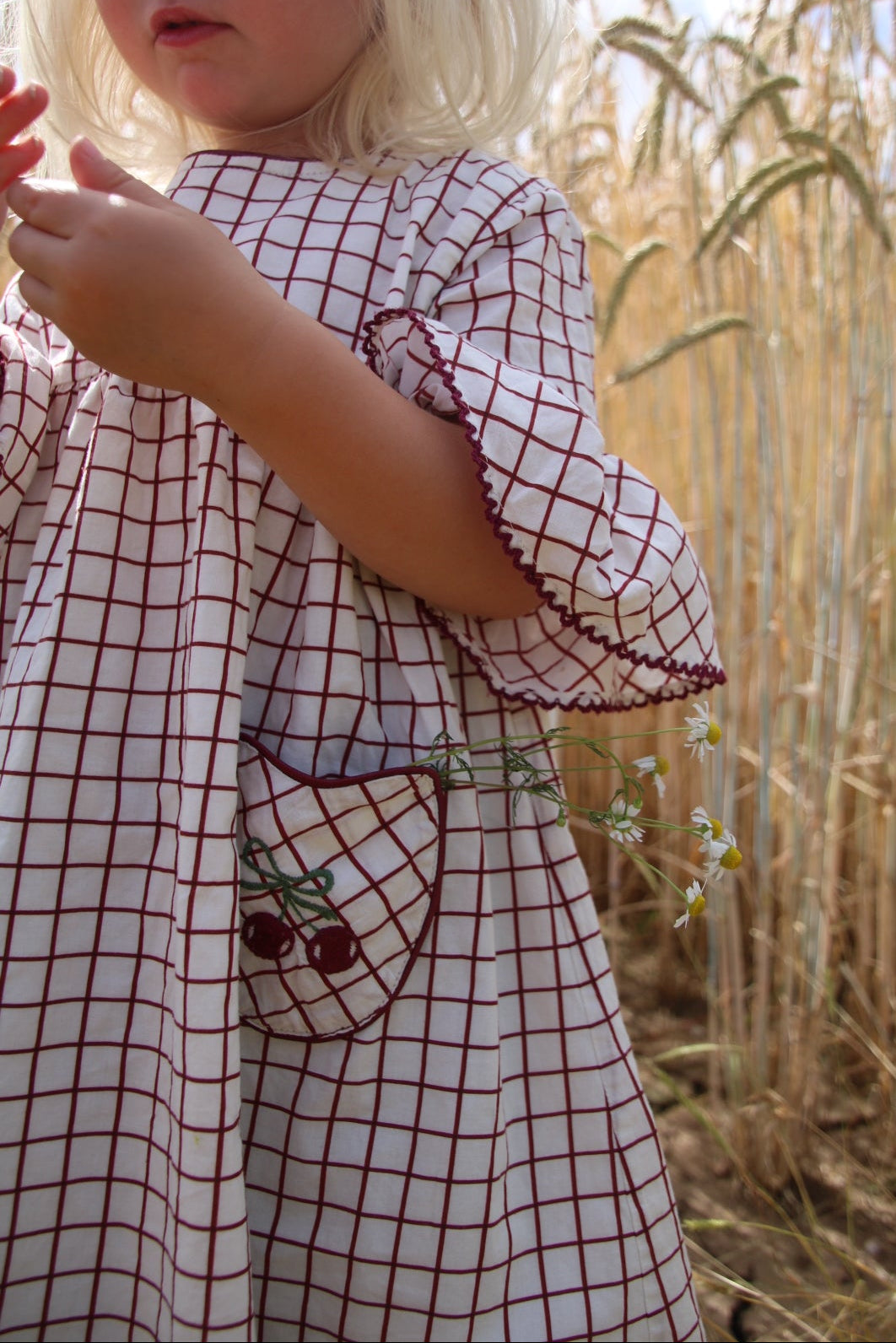 kids girls organic cotton cherry dress picot edging 