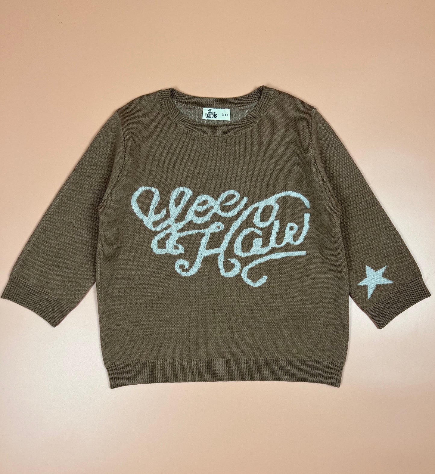 Warm brown merino wool jumper for kids with fun yeehaw design