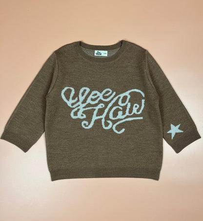 Warm brown merino wool jumper for kids with fun yeehaw design