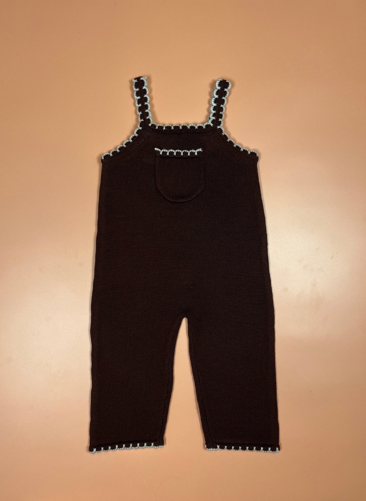 Children’s brown merino wool dungarees with adjustable straps and white scallop detail
