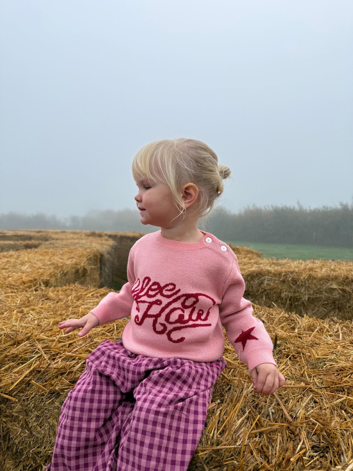 Children’s pink knitted merino wool sweater with cowboy yeehaw print.