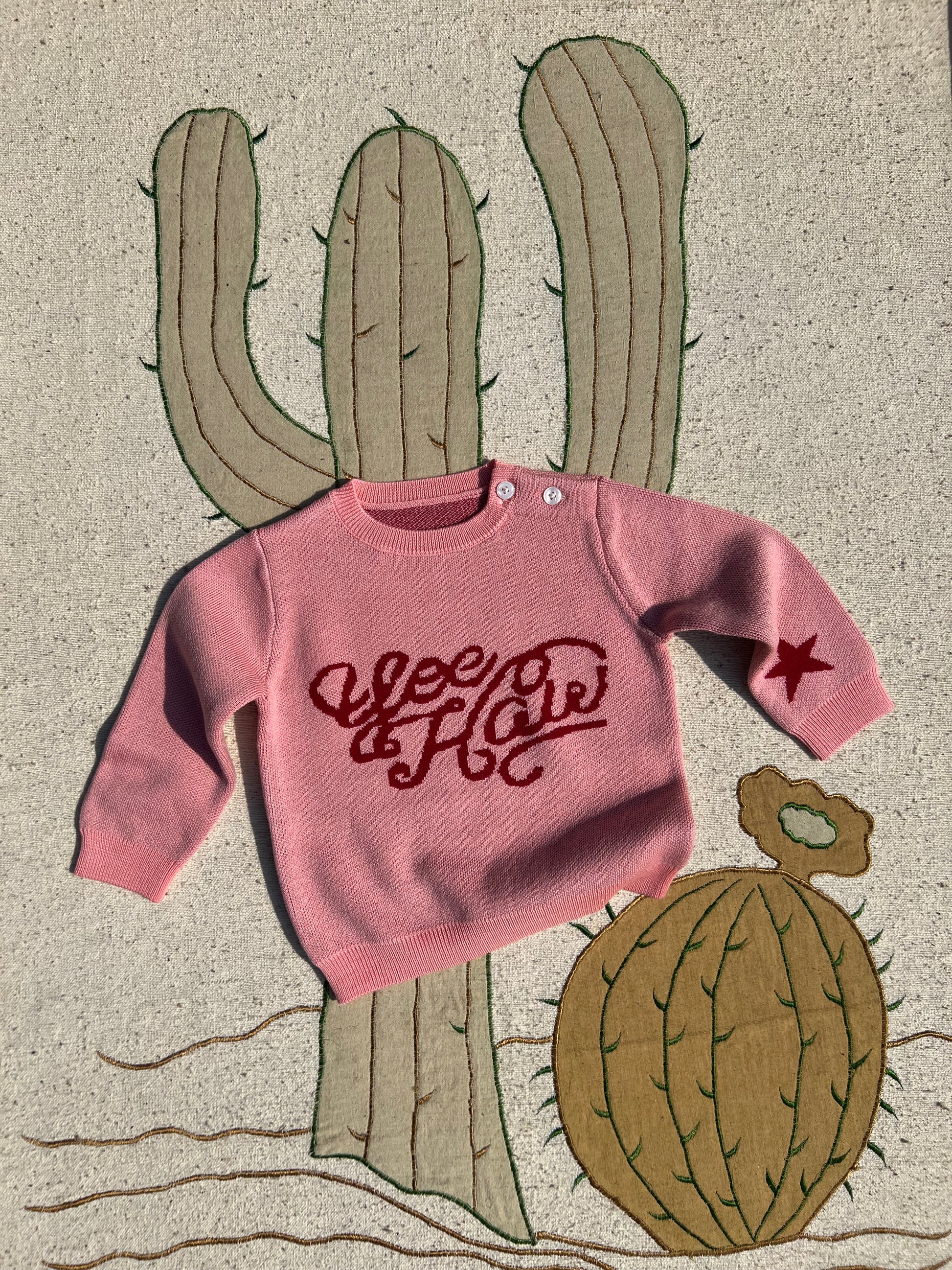 Childrens knitted Pink jumper with yeehaw design western theme 