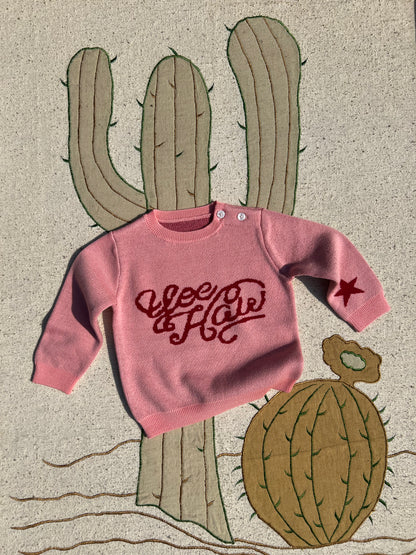 Childrens knitted Pink jumper with yeehaw design western theme 