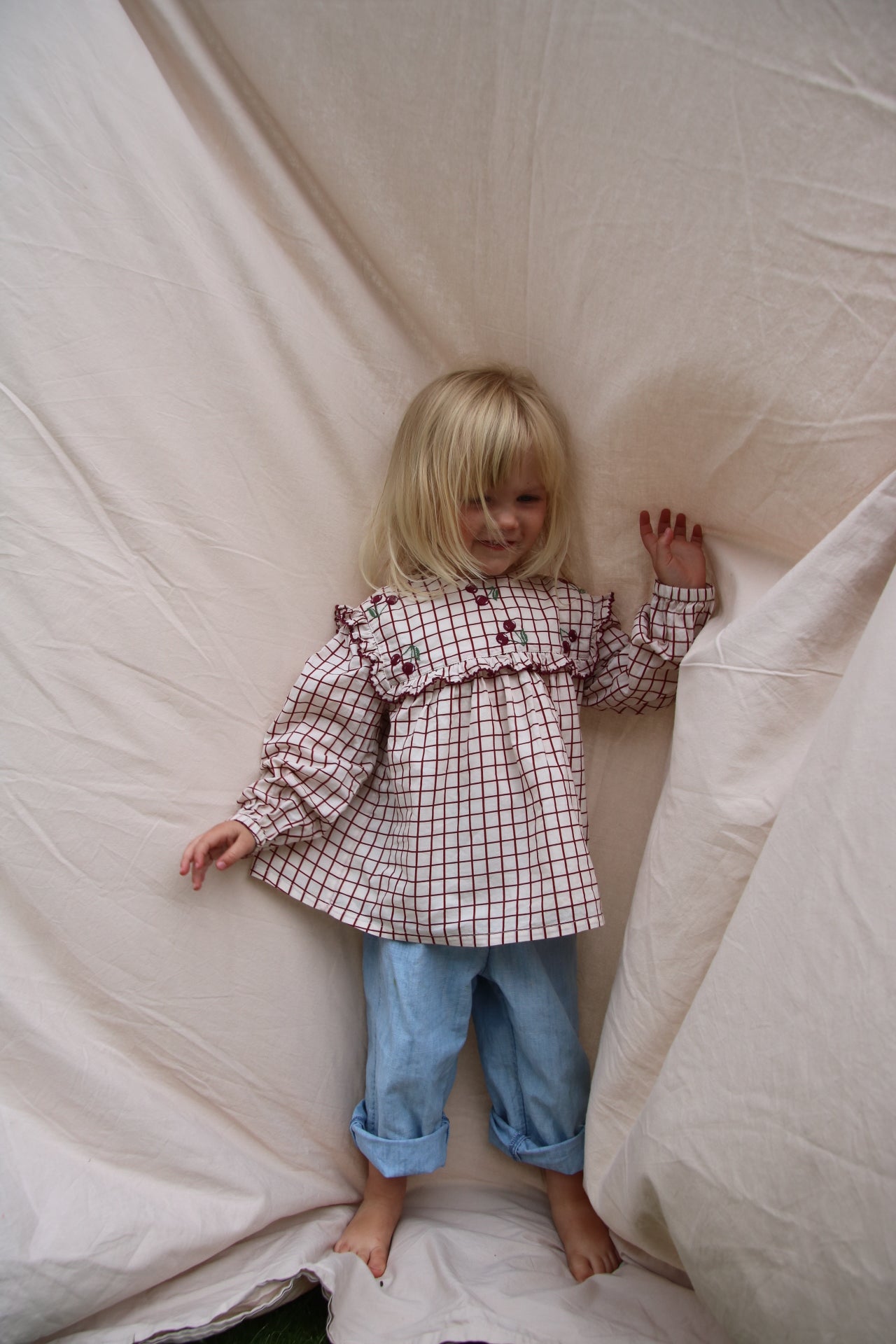 organic cotton girls blouse with embroidered cherry print frilly