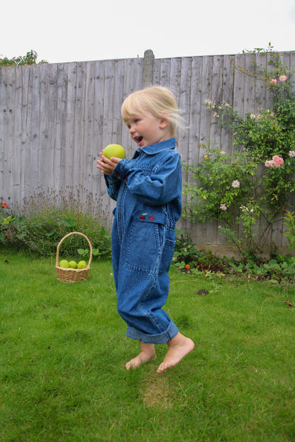 organic vintage inspired kids clothing denim cotton zip up jumpsuit embroidered cherry's 